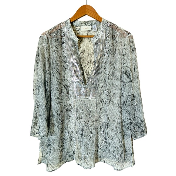 Chico's 2 Silver Sequin Snakeskin Patterned Sheer Tunic Top Blouse Large - Picture 3 of 8